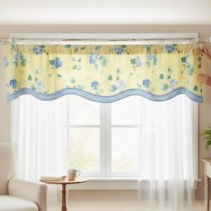 Waverly Yellow Hydrangea Floral Polka Dot Scalloped Set of 2 Valance Curtains